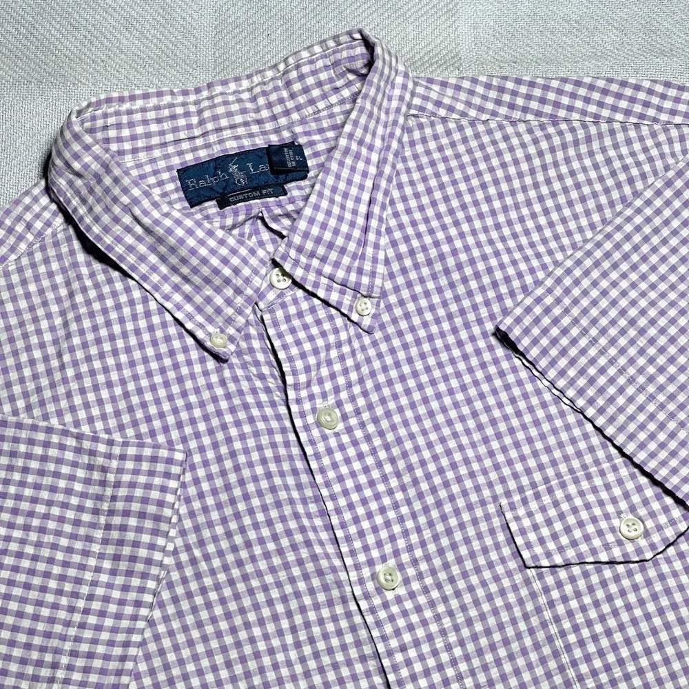 Vintage Polo by Ralph Lauren Button Shirt 2XL Seersucker Purple‎ Gingham Pocket